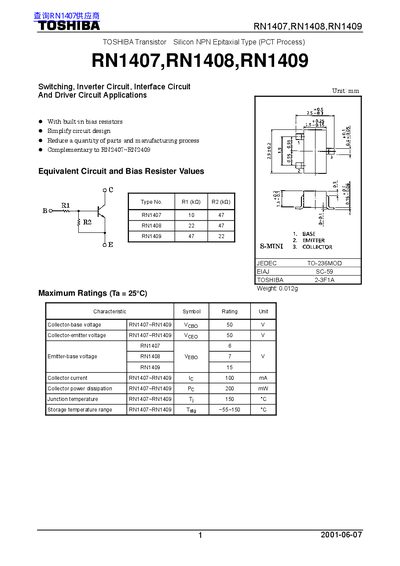 Toshiba RN1407/RN1408/RN1409 NPN Transistor Datasheet