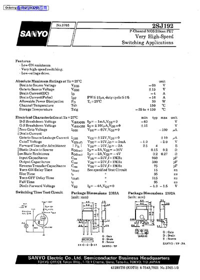 SANYO 2SJ192 P-Channel MOSFET Datasheet - cover page