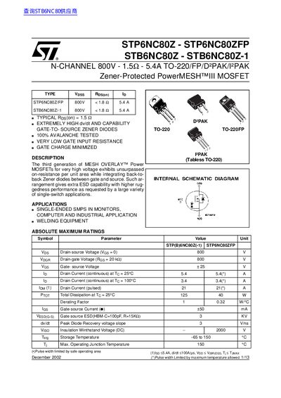 ST STP6NC80Z - STP6NC80ZFP STB6NC80Z - STB6NC80Z-1 N-CHANNEL 800V - 1.5 - 5.4A TO-220/FP/D PAK/I PAK Zener-Protected PowerMESH III MOSFET handbook