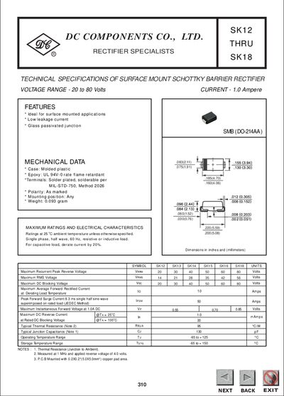 DC Components SK12 to SK18 Schottky Barrier Rectifier Datasheet - cover page