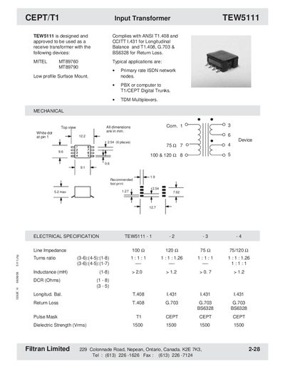 Filtran TEW5111 Input Transformer Handbook - cover page