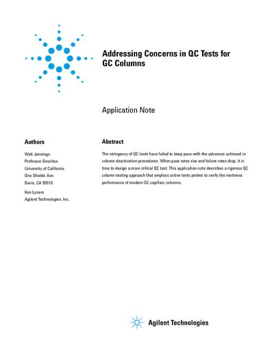 Addressing Concerns in QC Tests for GC Columns Application Note - cover page
