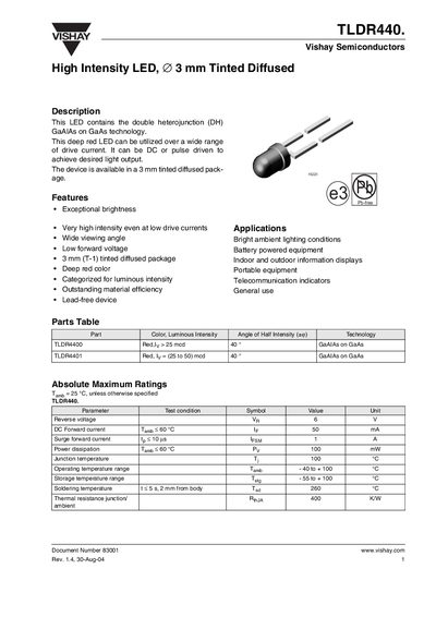 Vishay TLDR440 High Intensity LED 3 mm Tinted Diffused Datasheet - cover page