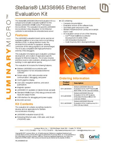 Luminary Stellaris LM3S6965 Ethernet Evaluation Kit User Manual - cover page