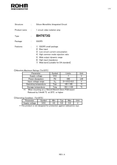 ROHM BH7673G Video Isolation Amplifier Datasheet - cover page
