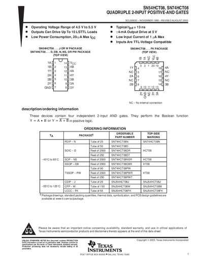 Texas Instruments SN54HCT08, SN74HCT08 Quadruple 2-Input Positive-AND Gates Datasheet - cover page