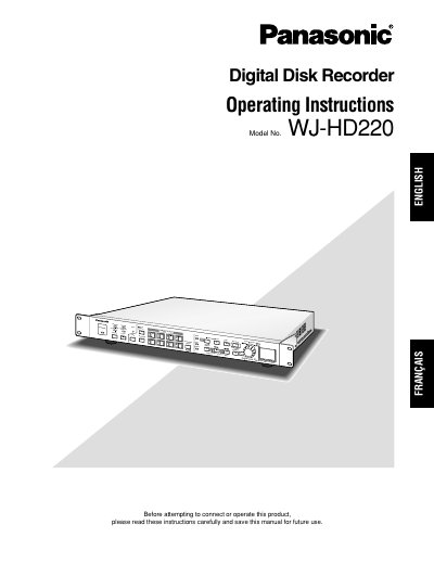 Panasonic WJ-HD220 Digital Disk Recorder Operating Instructions - cover page