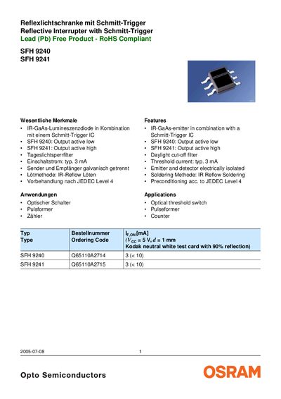 OSRAM SFH 9240 / SFH 9241 Reflective Interrupter Datasheet - cover page