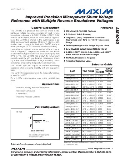 Maxim LM4040 Improved Precision Micropower Shunt Voltage Reference Datasheet - cover page