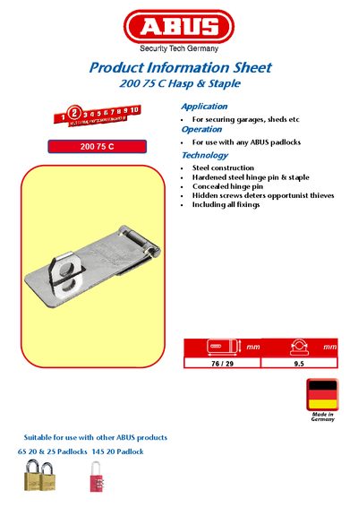 ABUS 200 75 C Hasp & Staple Product Information Sheet - cover page