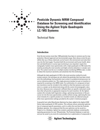 Agilent Pesticide Dynamic MRM Compound Database Technical Note - cover page