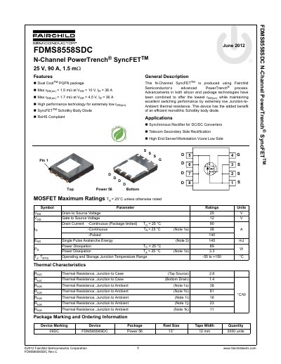 Fairchild Semiconductor FDMS8558SDC N-Channel MOSFET Datasheet - cover page