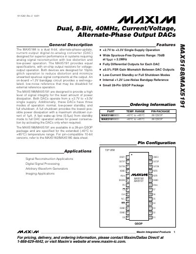 Maxim MAX5188/MAX5191 Dual-Channel 8‑Bit 40 MHz Current/Voltage DAC Datasheet - cover page
