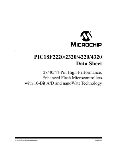 Microchip PIC18F2220/2320/4220/4320 Data Sheet - cover page
