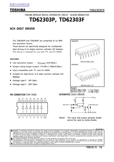 Toshiba TD62303P/F 6CH Digit Driver Datasheet - cover page