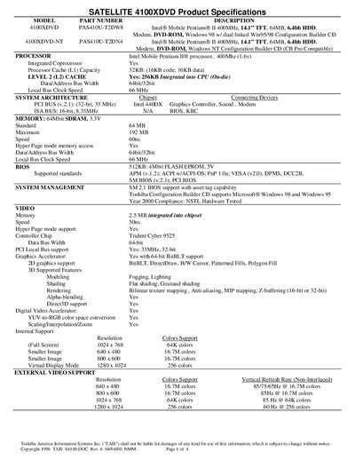 Toshiba Satellite 4100XDVD Product Specifications - cover page