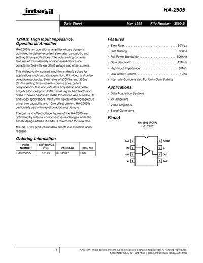 Intersil HA-2505 Operational Amplifier Datasheet - cover page