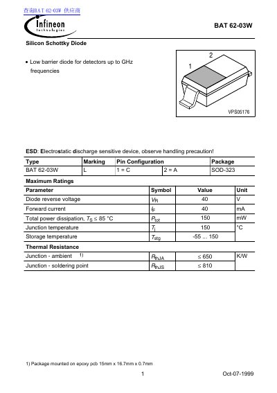Infineon BAT 62-03W Silicon Schottky Diode Datasheet - cover page