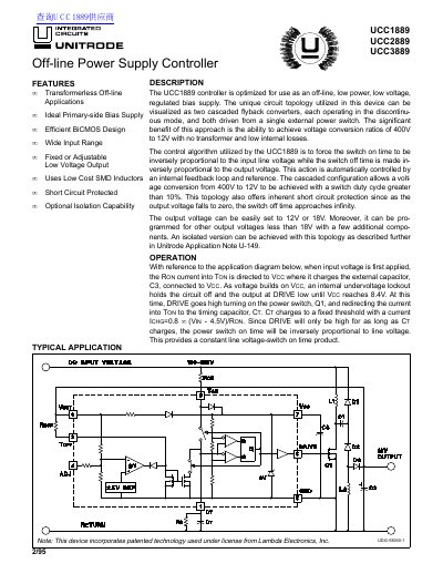 Unitrode UCC1889/UCC2889/UCC3889 Off-line Power Supply Controller Datasheet - cover page