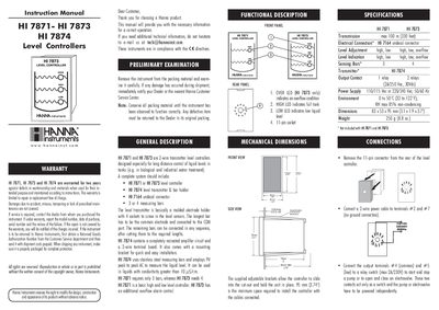 HANNA HI 7871- HI 7873 HI 7874 Level Controllers Instruction Manual - cover page
