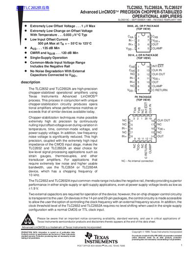 TEXAS INSTRUMENTS TLC2652 TLC2652A TLC2652Y Advanced LinCMOS PRECISION CHOPPER-STABILIZED OPERATIONAL AMPLIFIERS handbook - cover page