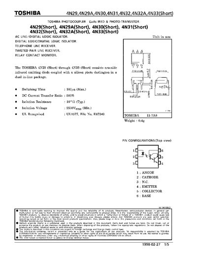 Toshiba 4N29 Data Sheet - cover page