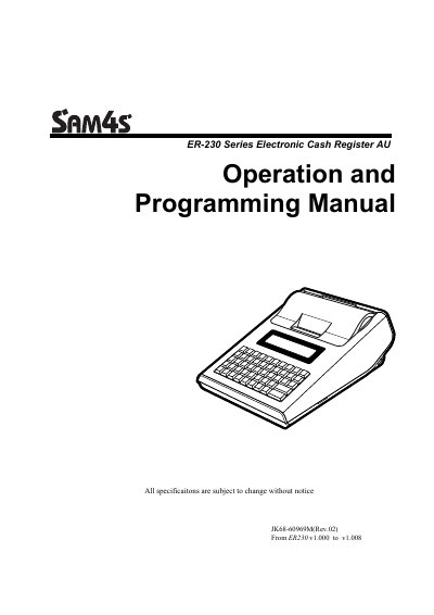 SAM4S ER-230 Series Electronic Cash Register Operation and Programming Manual - cover page