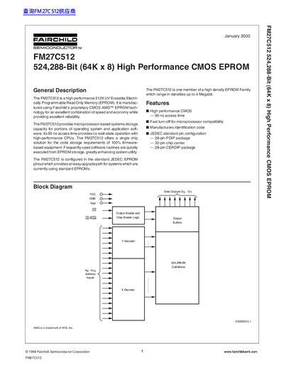 Fairchild FM27C512 524,288‑Bit (64K × 8) CMOS EPROM Datasheet - cover page