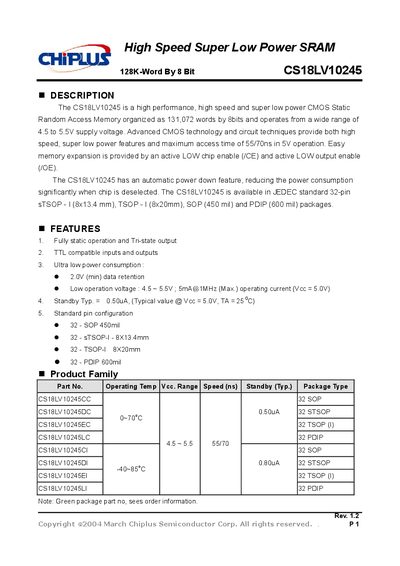 CHIPLUS CS18L10245 DATA SHEET - cover page