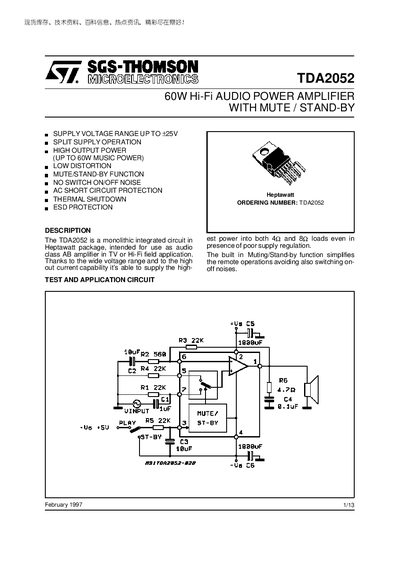 SGS-Thomson TDA2052 Audio Power Amplifier Datasheet - cover page
