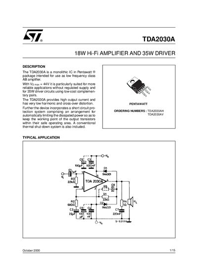 STMicroelectronics TDA2030A 18W Hi‑Fi Amplifier and 35W Driver Datasheet - cover page