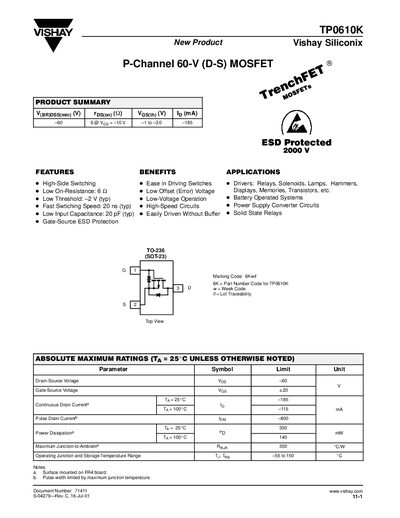 VISHAY SILICONIX - TP0610K Vishay Siliconix New Product Document Number: 71411 S-04279 Rev. C 16-Jul-01 Manual - cover page