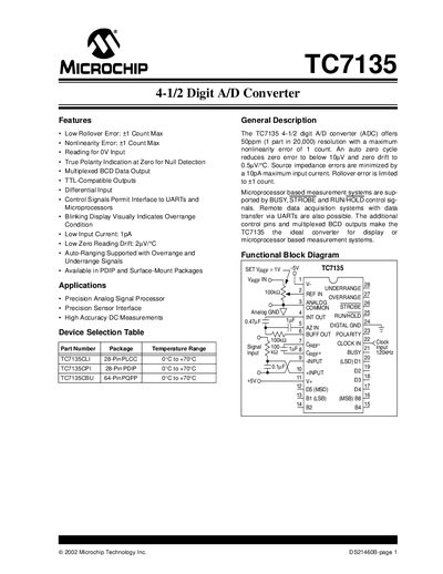 Microchip TC7135 4-1/2 Digit A/D Converter Datasheet - cover page