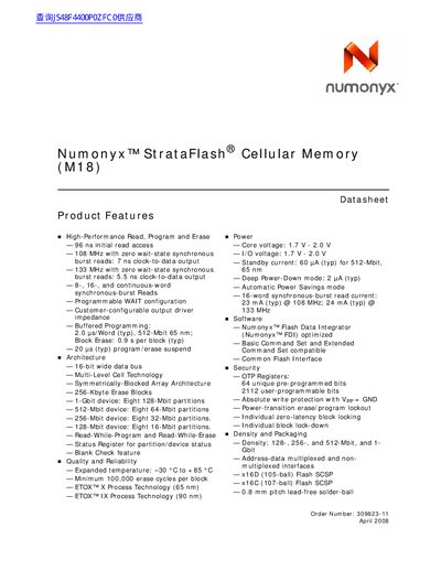 Numonyx StrataFlash M18 Datasheet - cover page