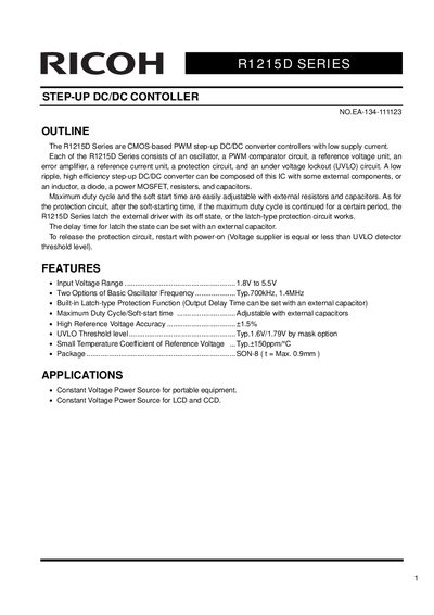 Ricoh R1215D Series Step-Up DC/DC Controller Datasheet