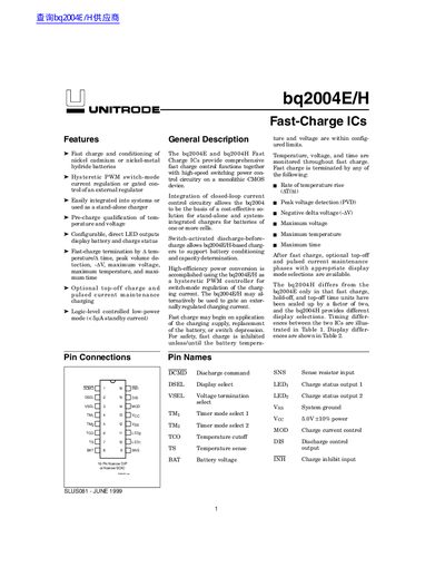 UNITRODE bq2004E/H Fast-Charge IC Datasheet
