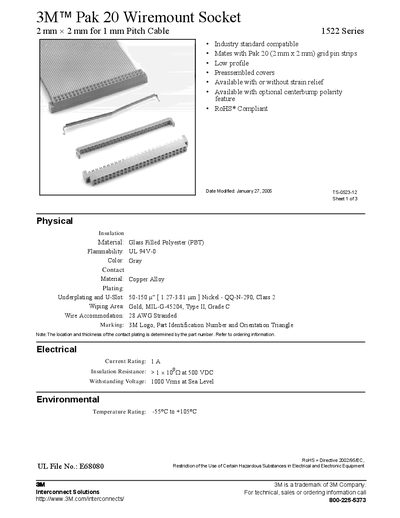 3M 1522 Series Pak 20 Wiremount Socket Datasheet - cover page