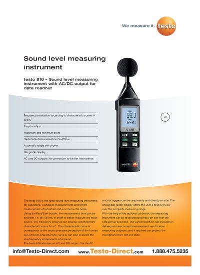 testo 816 Sound Level Measuring Instrument Product Leaflet