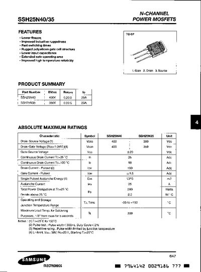 Samsung SSH25N40/35 N-Channel Power MOSFET Datasheet - cover page