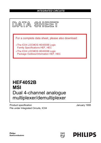 Philips HEF4052B Dual 4-channel Analogue Multiplexer/Demultiplexer Datasheet - cover page