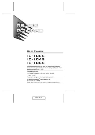 ATEN IC-102S / IC-104S / IC-108S RS-232 PCI Card User Manual