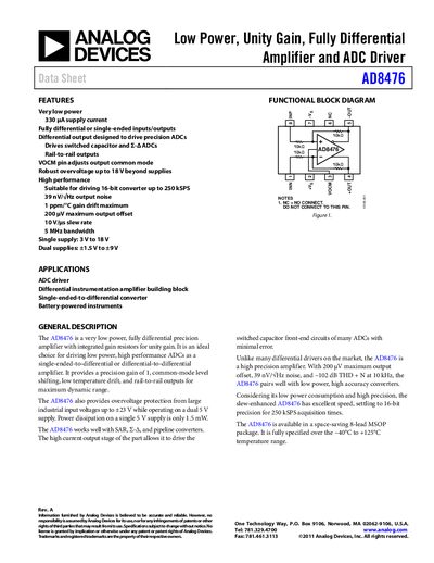 Analog Devices AD8476 Datasheet - cover page