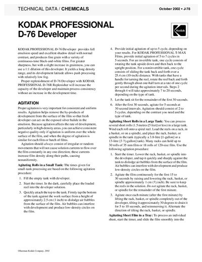 Kodak D-76 Developer Manual - cover page