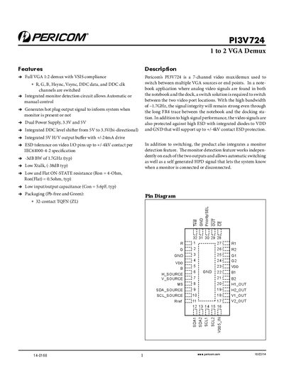 Pericom PI3V724 1 to 2 VGA Demux Datasheet - cover page