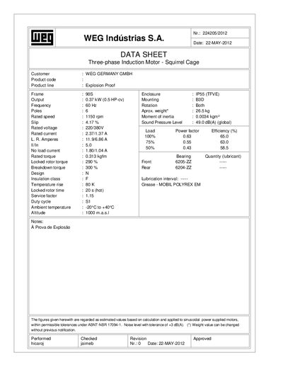 WEG GERMANY MOTOR 0.37kW 9S technology data - cover page