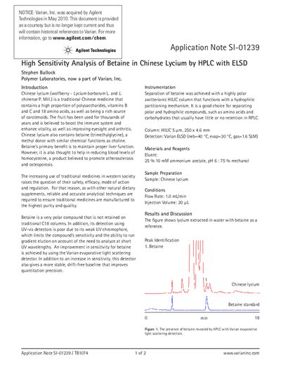 Varian SI-01239 Application Note: High Sensitivity Analysis of Betaine in Chinese Lycium by HPLC with ELSD - cover page
