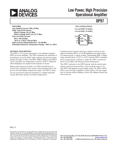 Analog Devices OP97 Low Power High Precision Operational Amplifier Datasheet