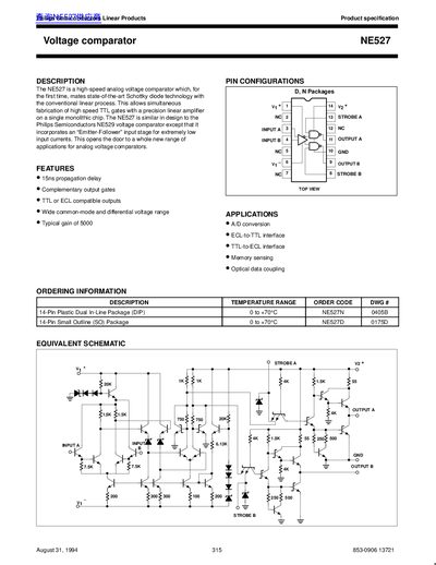 Philips Semiconductors NE527 Voltage Comparator Datasheet