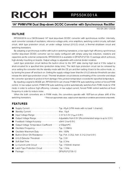 Ricoh RP550K001A 1A Dual Step-down DC/DC Converter Datasheet - cover page