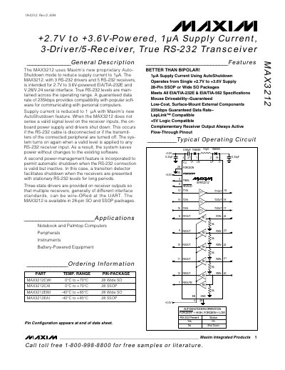 Maxim MAX3212 RS‑232 Transceiver Datasheet - cover page